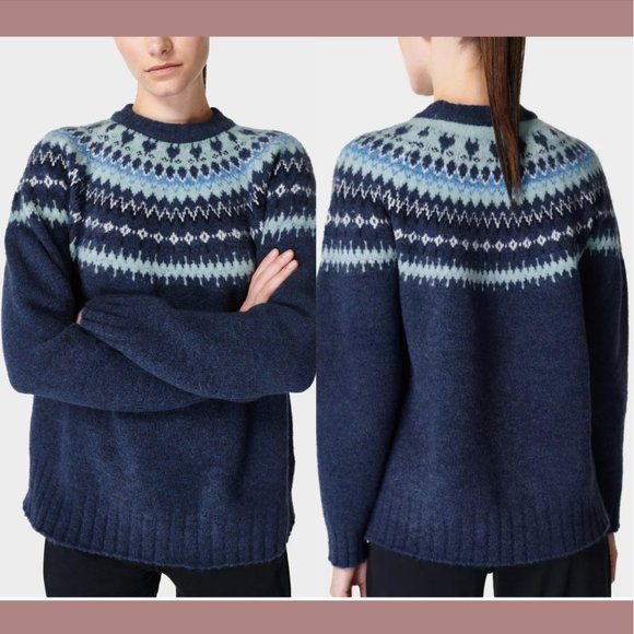 NWT $178 Sweaty Betty [‎ Large 10 US ] Fairisle Wool Sweater in Nordic Blue - Picture 1 of 12